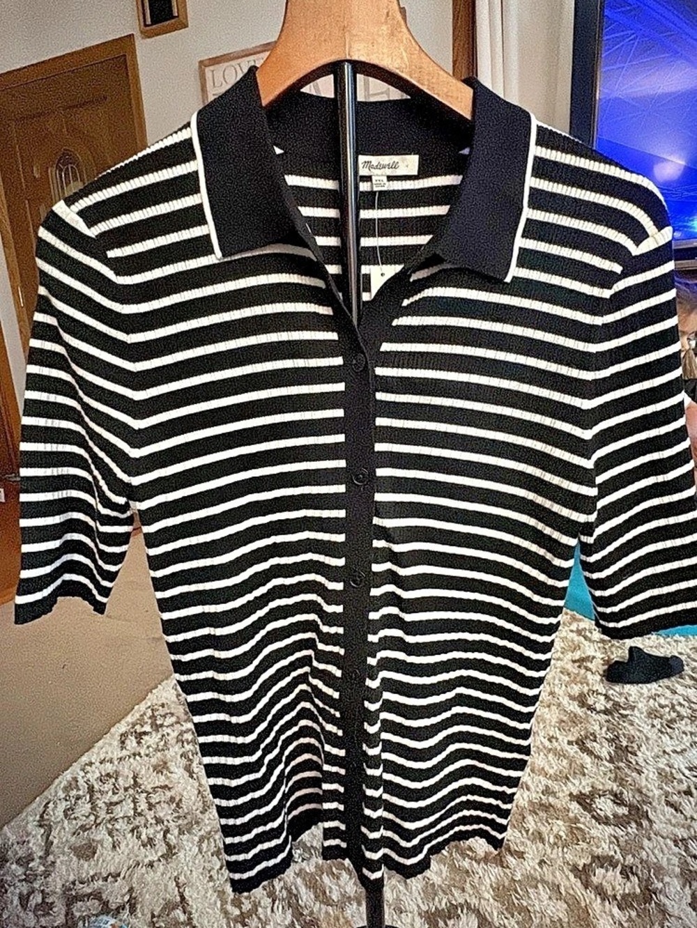 Madewell Ribbed Polo Cardigan Sweater Black & White